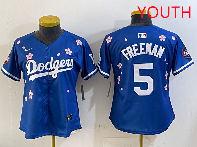 Youth Los Angeles Dodgers 5 Freeman Blue Sakura Edition 2025 Nike MLB Jersey style 1
